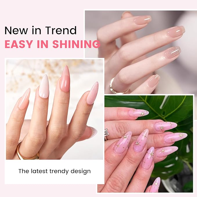 Jelly Gel Nail Polish Kit with U V Light, Hema-Free Milky Nude Sheer White Pink Gliter Gel Polish Set with Base & Top Coat Chrome Nail Powder, 4 Colors Mini Salon Nail Art Starter Gift for Women Girl-VivaGrace Women
