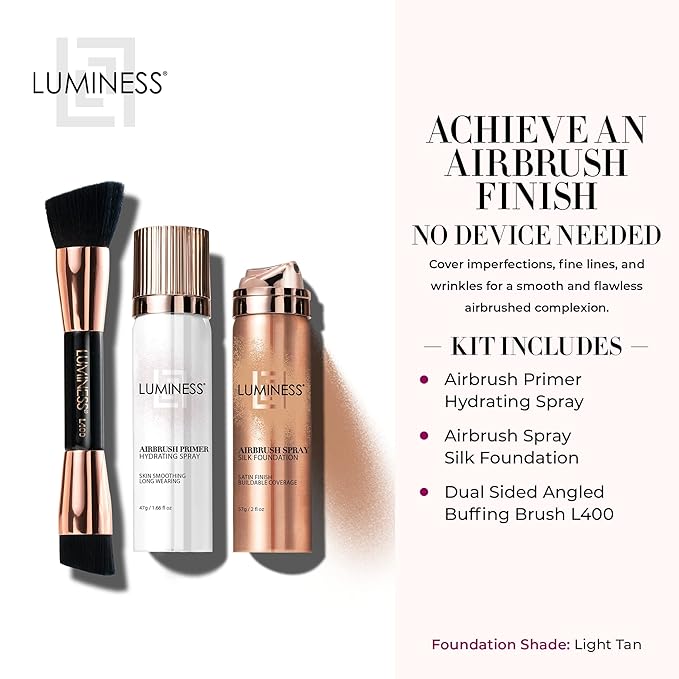 LUMINESS Airbrush Spray Silk Foundation Starter Kit - Warm Deep - Foundation, Primer & Dual-Sided Angled Buffing Brush - Medium, Buildable Coverage, Anti-Aging Formula Hydrates & Moisturizes-VivaGrace Women