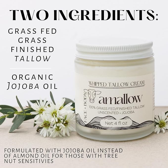 Amallow 100% Grass Fed Beef Tallow for Skin Care - Face + Body - Whipped Moisturizer for Sensitive Skin - Natural Lotion, 4 FL. oz. (Unscented + Jojoba Oil)-VivaGrace Women