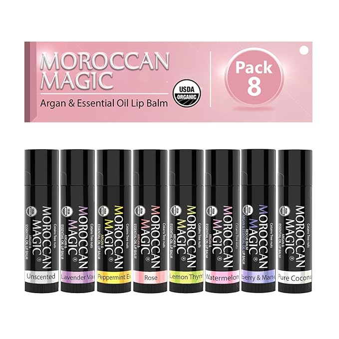 Moroccan Magic Organic Lip Balm Variety Pack Gift Set | Natural Argan and Essential Oils | Smooth | Non-Toxic Cruelty Free | 8 Pack-VivaGrace Women