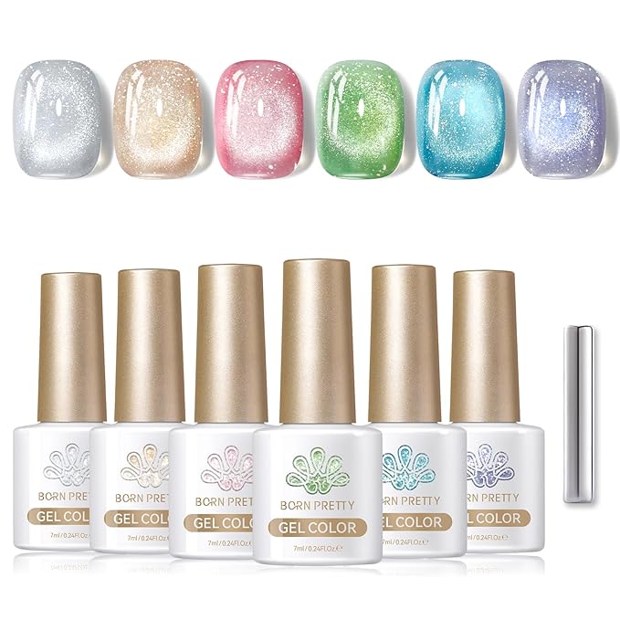 Born Pretty Magnetic Gel Nail Polish Pastel Cat Magnetic Eye Gel Polish Glitter Shimmer Auroras Magnetic Gel Nail Art Manicure Kit 6PCS-VivaGrace Women