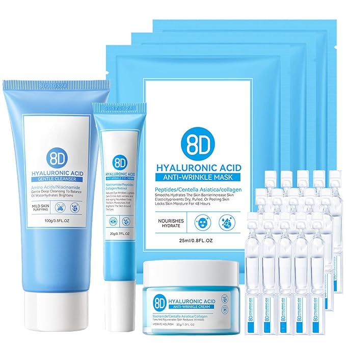 8D Hyaluronic Acid Face Care Set, Hydrating Skin Care Set Moisturize Skin, Smooth Fine Lines, Improves Skin Elasticity, Anti-Aging Skin Care Set with Cleanser,Eye Cream,Face Cream,Serum,Mask-VivaGrace Women