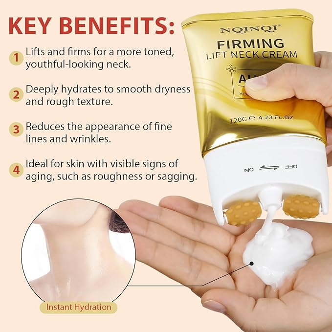 AH-8 Firming Neck Cream with Roller - Neck and Chest Firming Cream to Lift, Tighten & Smooth Sagging Skin, Reduce Wrinkles & Hydrate for Youthful Neck, 4.23 Fl Oz-VivaGrace Women