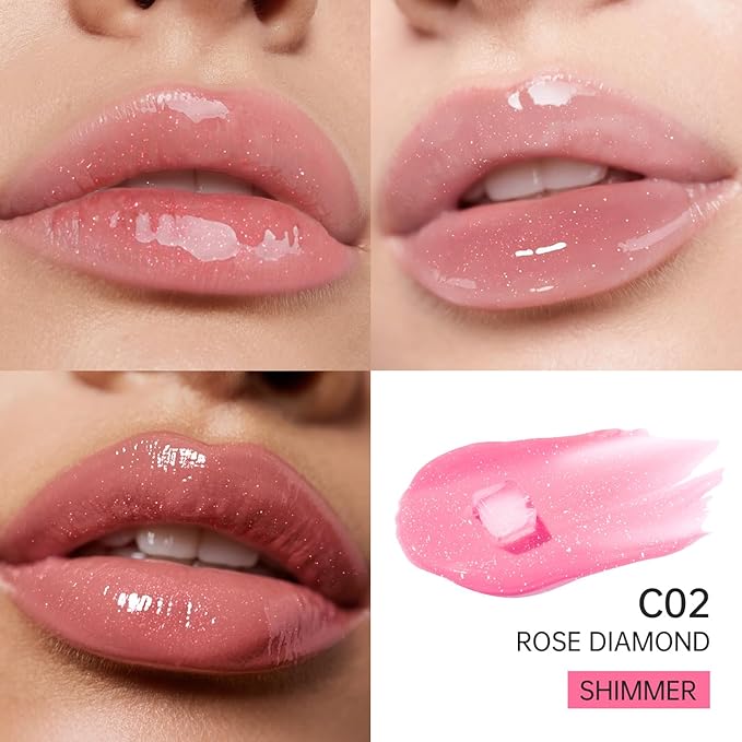 Catkin Lip Plumper Gloss, Tinted Lip Serum with Hyaluronic Acid & Jojoba Oil, Non-sticky Volumizing Hydrating Formula for a High Shine Maximum 3D Look, Plump & Soft Lips 0.12 Fl Oz - C02 Rose Diamond-VivaGrace Women