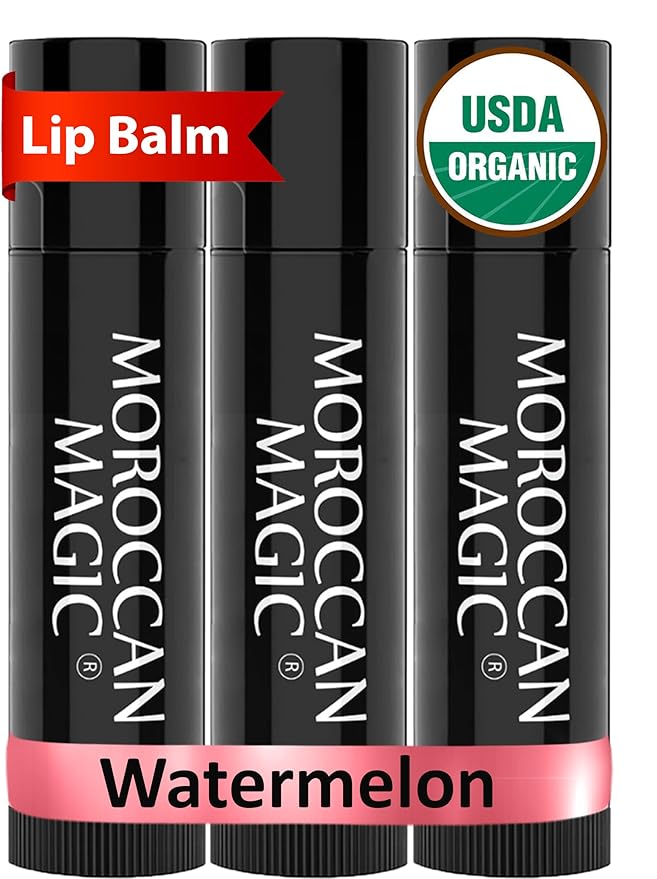 Moroccan Magic Organic Watermelon Lip Balm 3 Pack | Ultra-Hydrating Argan & Essential Oil Lip Moisturizer + Vitamin E | Natural Chapstick for Dry Lips | Smooth, Non-Toxic | Organic Lip Balm-VivaGrace Women