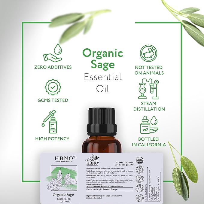 HBNO Organic Sage Essential Oil - 1 oz (30ml) - USDA Certified Organic Sage Essential Oil for Aromatherapy, Soap Making, DIY, Fragrances, Diffuser.-VivaGrace Women