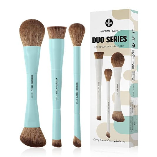 EIGSHOW Makeup Brush Set, 3Pcs Dual Ended Face Makeup Brushes for Foundation Powder Contour Highlight Concealer Nose Shadow, Travel Gift Set (Cyan)-VivaGrace Women