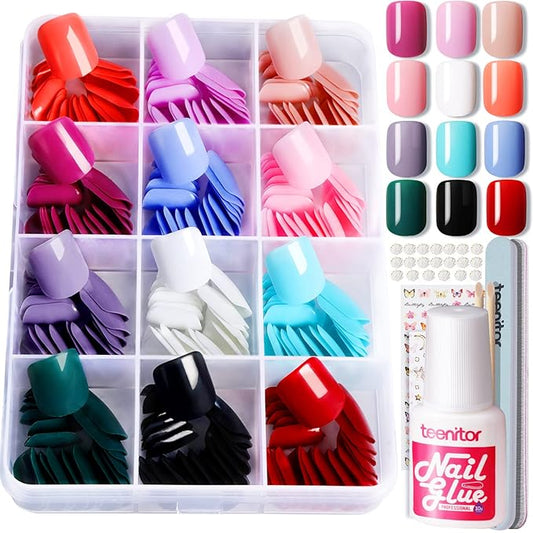 Teenitor Short Square Press On Nails With Nail Glue, 288Pcs Short Fake Nails 12 Colors Short Glue On Nails, Short Nails Press On Square False Nails For Wide Nail Bed