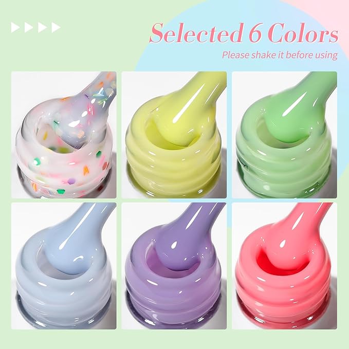 Born Pretty Jelly Pastel Gel Nail Polish 6 Colors Spring Summer Yellow Green Blue Purple Pink Candy Sweet Colors Apex Building Effect Gel Polish Kit Nail Art Gel Manicure Kit DIY at Home Salon Gifts-VivaGrace Women