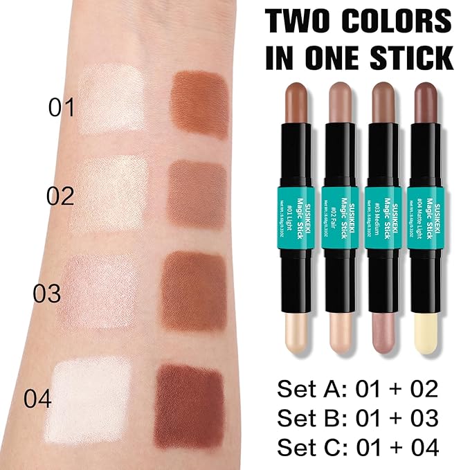 Contour Stick, 2Pcs Dual-Ended Highlighter Makeup Pen & Contouring Stick for Face Shaping, Long Lasting Waterproof Cream Bronzer & Highlight Sticks Make Up Kit for All Skin Tones (01# + 04#)-VivaGrace Women