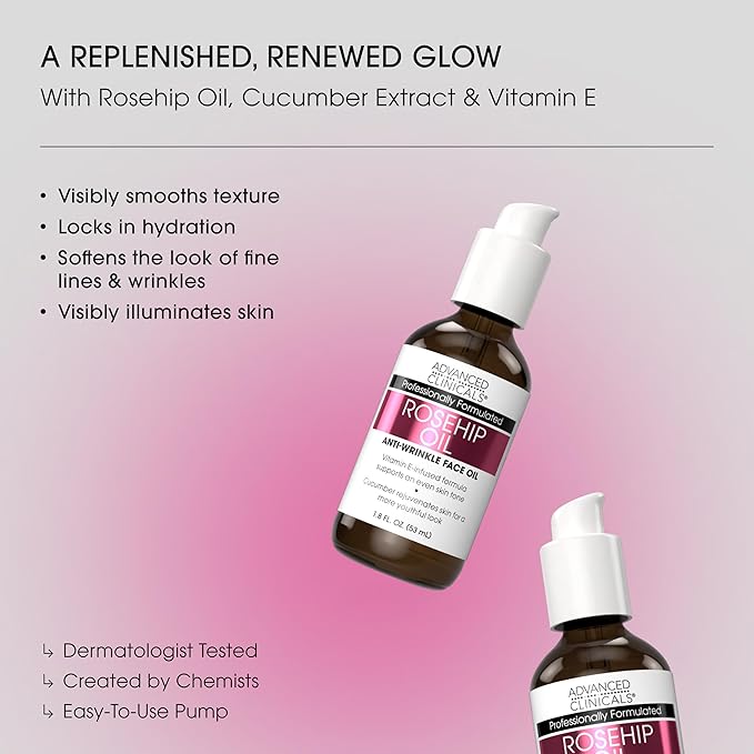 Advanced Clinicals Rosehip Oil For Face With Vitamin E + Botanicals Helps Improve Look Of Dark Spots, Wrinkles, Fine Lines, & Uneven Looking Skin Tone | Moisturizing Skin Care Face Serum, 2-Pack-VivaGrace Women