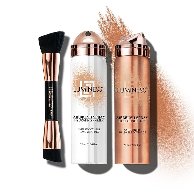 LUMINESS Airbrush Spray Silk Foundation Starter Kit - Tan Dark - Foundation, Primer & Dual-Sided Angled Buffing Brush - Medium, Buildable Coverage, Anti-Aging Formula Hydrates & Moisturizes-VivaGrace Women