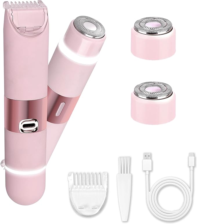 Bikini Trimmer for Women, Glow Aura Womens Shaver, Quiet Dual Head Waterproof Cordless Rechargeable Painless Trimmer for Underarms, Legs, Body (Pink)-VivaGrace Women
