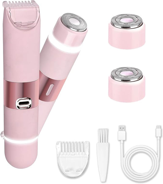 Bikini Trimmer for Women, Glow Aura Womens Shaver, Quiet Dual Head Waterproof Cordless Rechargeable Painless Trimmer for Underarms, Legs, Body (Pink)-VivaGrace Women