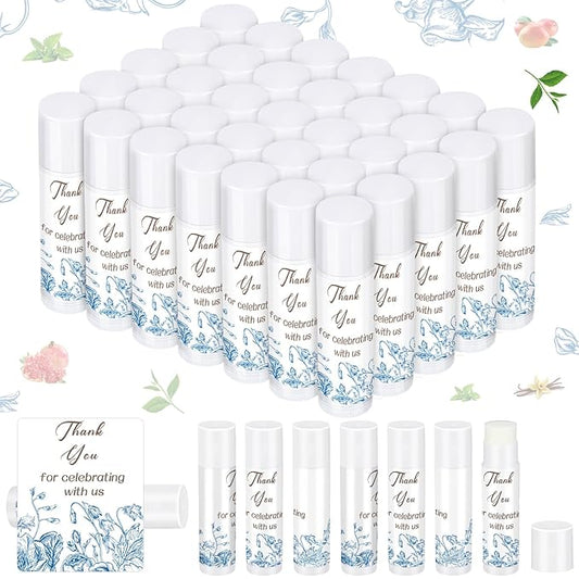 Dunzy 50 Pcs Thank You Gift Lip Balm Bulk Baby Shower Party Favors Bridal Shower Favor Lip Care with Assorted Fruit Flavors Thank You Lipstick for Guest Basket Gift Stuffer (Blue and White Porcelain)-VivaGrace Women