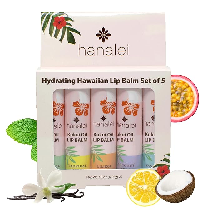 Hanalei Lip Balm and Moisturizer - Natural Kukui Oil, Beeswax Lip Moisturizer - Replenish and Repair Dry, Chapped Lips - Variety Pack (5 Tubes)-VivaGrace Women