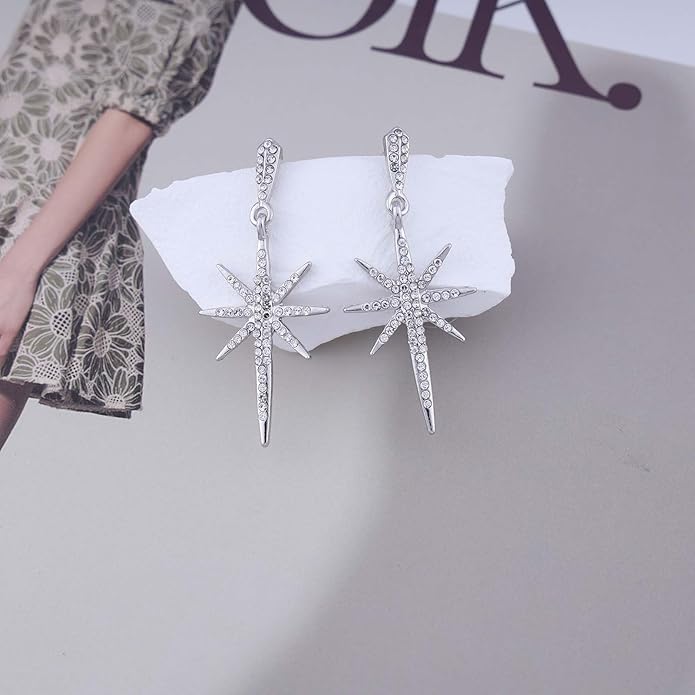 Vintage Crystal Northstar Dangle Earrings Rhinestone Northstar Studs Earrings Gold Cz Star Drop Earrings Sparkly Cz Starburst Earrings Jewelry for Women-VivaGrace Women