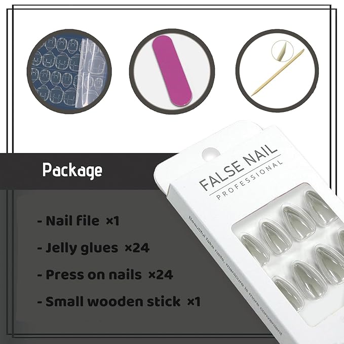 Medium Fake Nails Almond Press on Nails with Chrome Designs Glossy False Nails Grey Stick on Acrylic Nails for Women and Girls