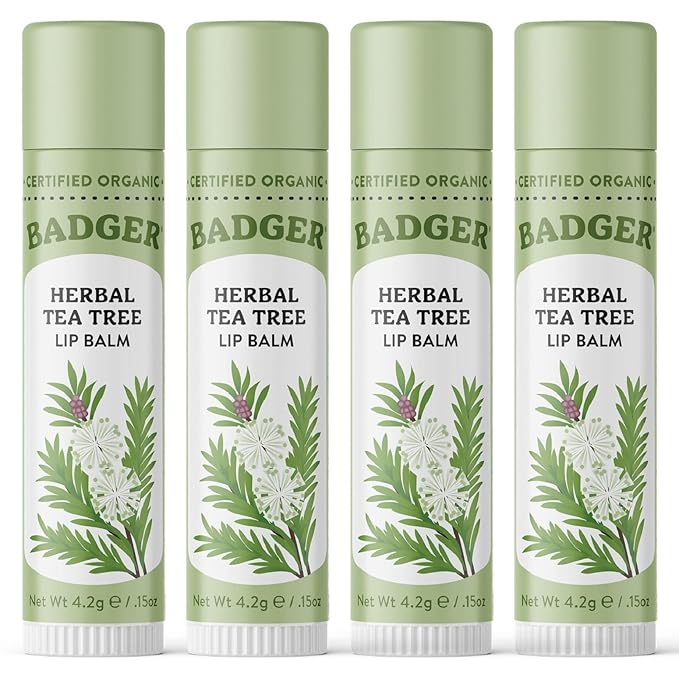 Badger - Herbal Lip Balm, Tea Tree & Lemon, Certified Organic Lip Balm, Fair Trade, Herbal Lip Care, 0.15 oz (4 Pack)-VivaGrace Women