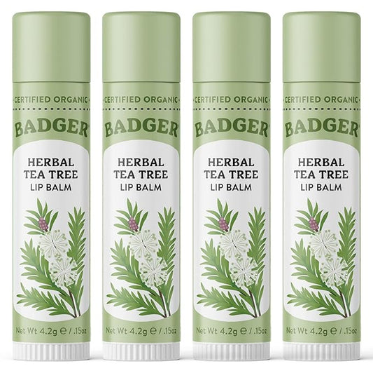 Badger - Herbal Lip Balm, Tea Tree & Lemon, Certified Organic Lip Balm, Fair Trade, Herbal Lip Care, 0.15 oz (4 Pack)-VivaGrace Women