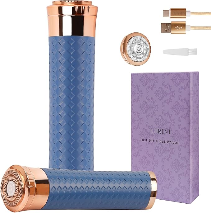 Facial Hair Remover for Women, Painless Rechargeable Hair Removal Device, Comes with 2 Replacement Heads, Portable Electric Shaver/Razors for Face, Chin, Upper Lip, arms and Peach Fuzz (Blue)-VivaGrace Women