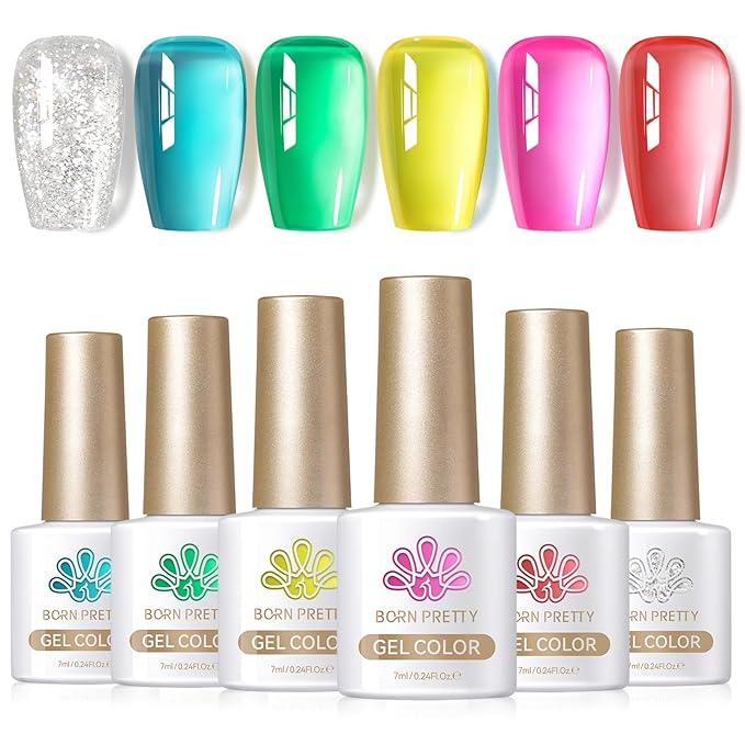 Born Pretty Jelly Gel Nail Polish Set Spring Summer Crystal Glass Translucent Pastel Sheer Gel Polish Pink Green Blue Red Yellow Silver Shiny Glitter Gel Nail Polish Nail Art Gel DIY Gift 6PCS-VivaGrace Women