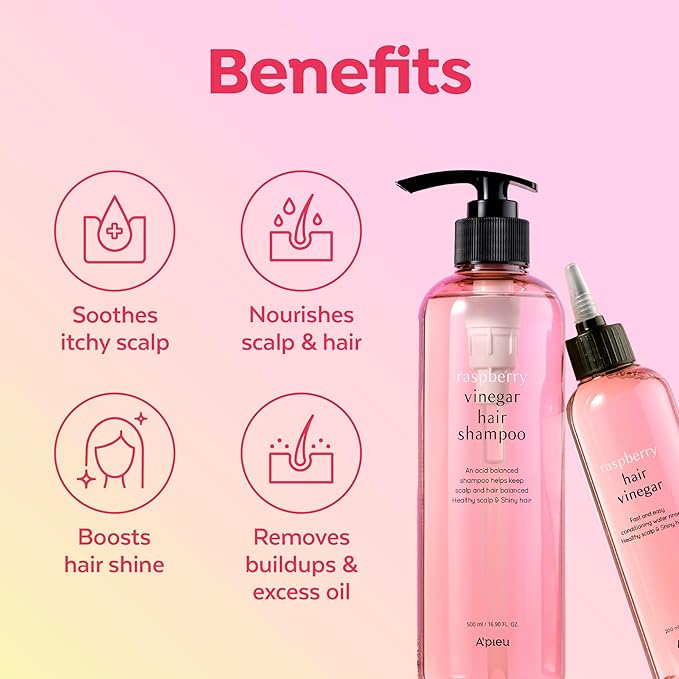 A’PIEU Raspberry Vinegar Hair Care Set – Shampoo (16.9 fl oz) + Hair Vinegar Rinse (6.76 fl oz) | Clarifying & pH Balancing Scalp Treatment, Removes Buildup, Soothes & Refreshes, Korean Hair Care-VivaGrace Women