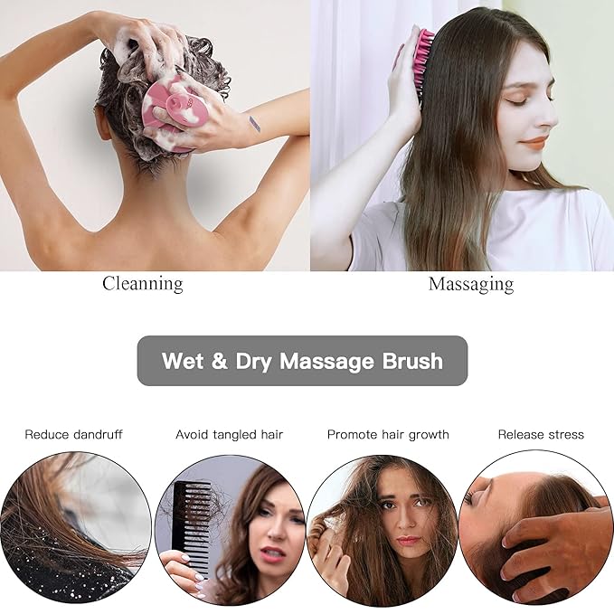 INNERNEED Scalp Massager Shampoo Brush, Wet & Dry Manual Scalp Care Head Scrubber Hair Washing, Soft Silicone Bristles, for Hair Growth, Dandruff Removal, Comfortable for All Hair Types (Pink)-VivaGrace Women
