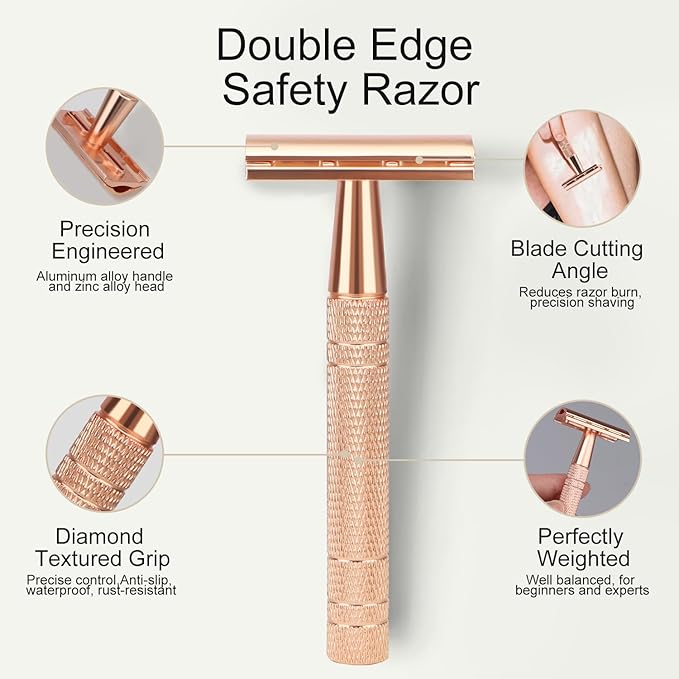 Matte Rose Gold Safety Razor, Single Blade Razors for Women, Reusable Metal Razor, with 10 Stainless Steel Double Edge Blades, Eco-friendly, Smooth & Close Shave, Plastic Free-VivaGrace Women
