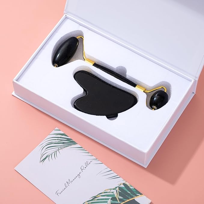 Yssarea Obsidian Roller and Gua Sha - Face Roller | 100% Natural Obsidian Stone Set | Dual Sided Face Massager | Reduces Signs of Aging, Black-VivaGrace Women