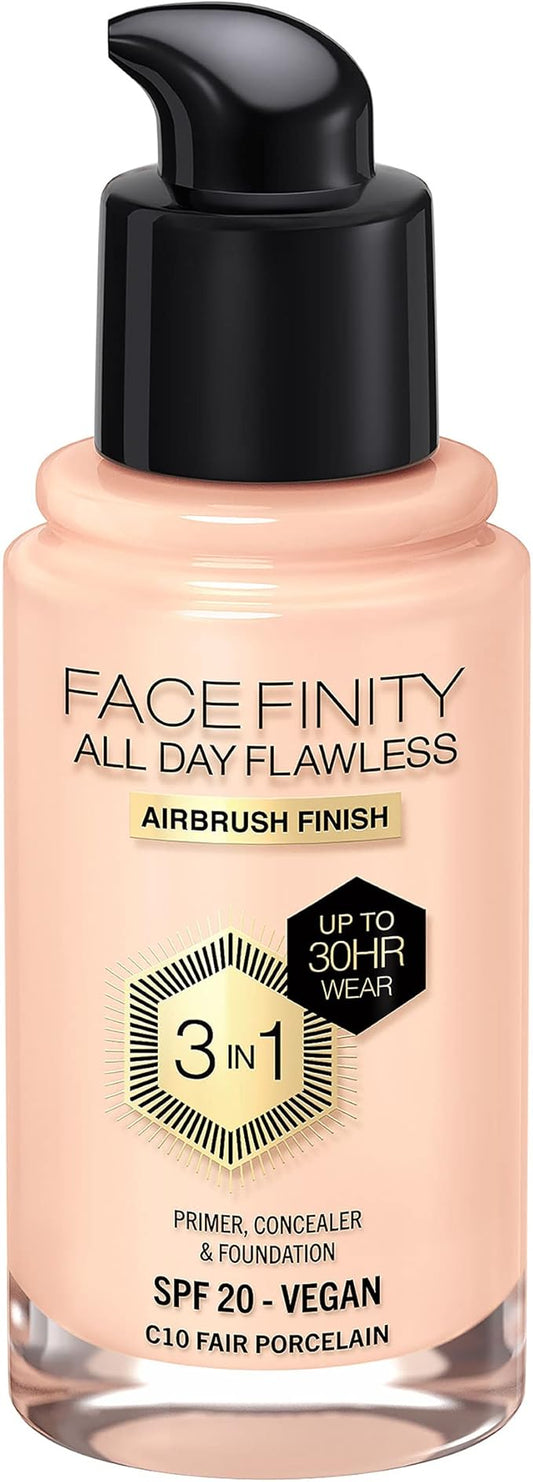 Max Factor Facefinity 3-in-1 All Day Flawless Liquid Foundation, SPF 20-10 Fair Porcelain, 30 ml-VivaGrace Women