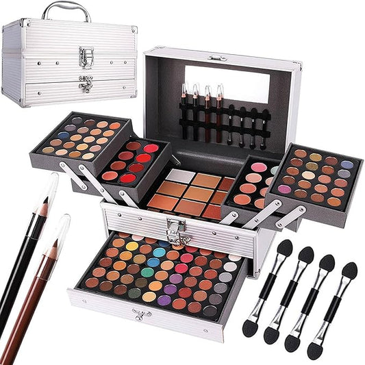 132 Color All In One Makeup Kit,Professional Makeup Case Set for Teen Girls, Multicolor Eyeshadow Palette(006N2-Silver)-VivaGrace Women