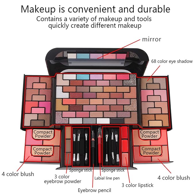 98 Colors All in one Makeup Gift Set Holiday Birthday Beauty Cosmetic Essential Starter Bundle Include 68 Eyeshadow Palette, 8 Blush, 4 Compact Powder, 3 Lipstick, Eyebrow Pencil, Lip Liner-VivaGrace Women