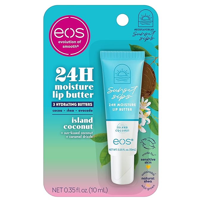 eos Sunset Sips Lip Butter Tube- Island Coconut, 24-Hour Moisture, Overnight Lip Mask, Lip Care Products, 0.35 fl oz-VivaGrace Women