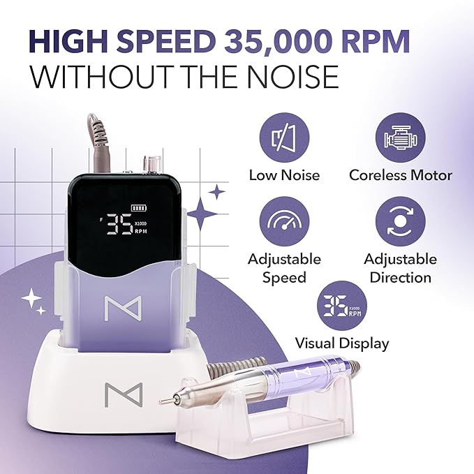 M Mase- Professional Nail Drill Machine - Coreless 2-in-1 Nail File - Electric, Cordless, 35000 RPM, HD Display - Electric Nail Drill for Professional & Home Use (Violet)-VivaGrace Women