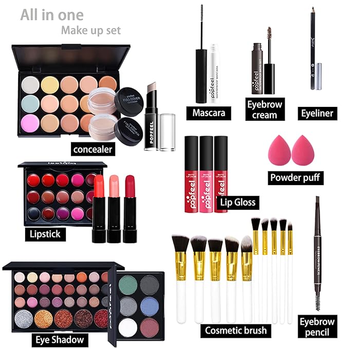 All-in-one Makeup Set for Beginners or Pros, Cosmetic-Gift for Women -Include Makeup Brush Set, Eyeshadow Palette, Powder puffs, Eyebrow Pencil, Mascara, Concealer, Lip Gloss Set -03B-VivaGrace Women