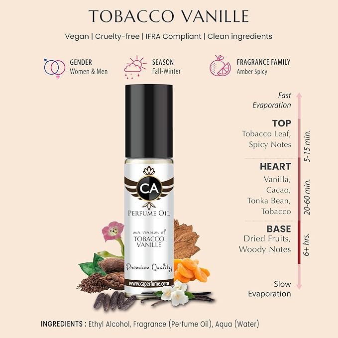 CA Perfume Impression of Tobacco Vanille For Men and Women Fragrance Body Oil Dupes Alcohol-Free Roll-On 0.3 Fl Oz/10ml-VivaGrace Women
