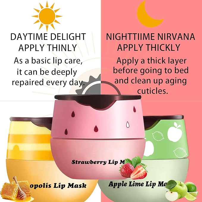 3 PCS Lip Balm Honey Pot, Honey Apple Strawberry Lip Masks Overnight, Propolis Moisturizing Lip Sleeping Mask, Prevention Dry Crack Lip Repair Nourishes the Lip Skin and Lip Wrinkle Care.-VivaGrace Women