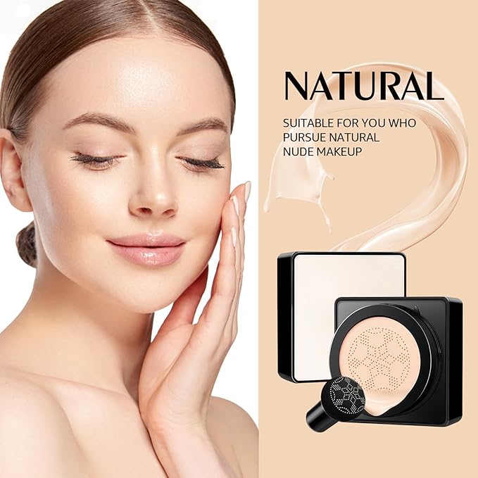 Air Cushion CC Cream Mushroom Head - Moisturizing & Oil Control Screw Lid Concealer Makeup Base, Primer Liquid Foundation Long Lasting with Mushroom Makeup Sponges for All Skin Types (Natural)-VivaGrace Women