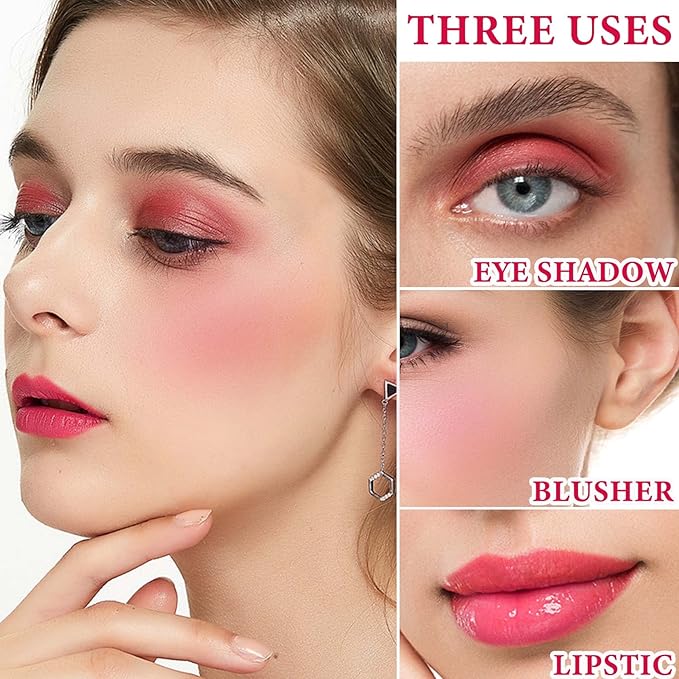 Cream Blush Stick,Blush Stick for Cheeks with Contour Brush,3-in-1 Long Lasting Waterproof Blush&Eye Shadow&Lip Gloss for All Skin Types（02 Rose Pink）-VivaGrace Women