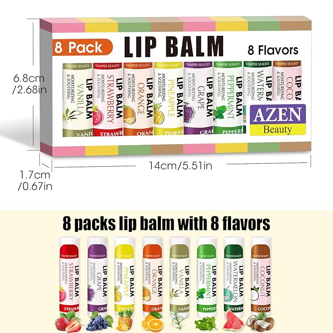 AZEN 8 Pack Lip Balm Stocking, Natural Lip Balm Bulk, Moisturizing Lip Balm for Dry Lips-VivaGrace Women
