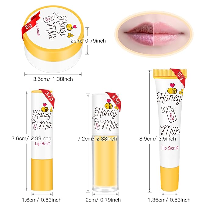 4 Piece Honey Milk Lip Mask Lip Balm Lip Scrub Lip Oil Lip Care Kit, Moisturizing & Nourishing Dry and Cracked Lips, Overnight Sleeping Lip Exfoliator Lip Moisturizer Lip Repair-VivaGrace Women