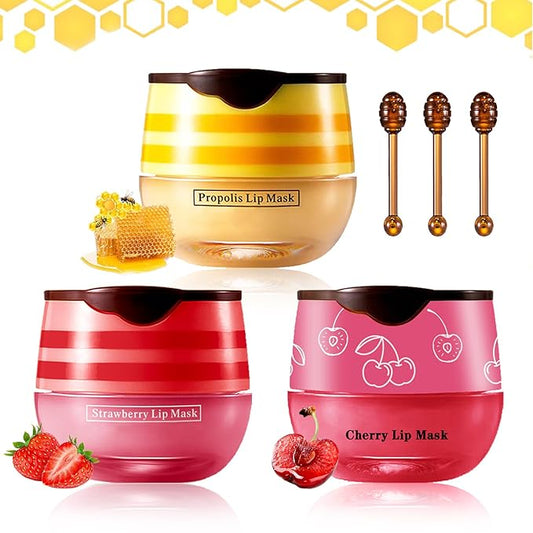 NVLEPTAP 3PCS Bee Lip Balm Honey Pot Honey Lip Balm Strawberry Honey Cherry Lip Sleeping Mask Moisturizing Hydrating Lip Care Products Honey Pot Lip Balm with Stick-VivaGrace Women