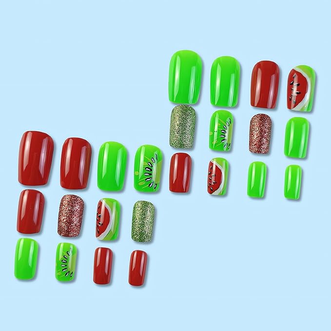 24 Pcs Summer Press on Nails Medium Length Fake Nails Cute Watermelon Full Cover Glue on Nails Glossy Red Green False Nails Summer Fruit Acrylic Nails Square Shape Glue on Nails for Women and Girls
