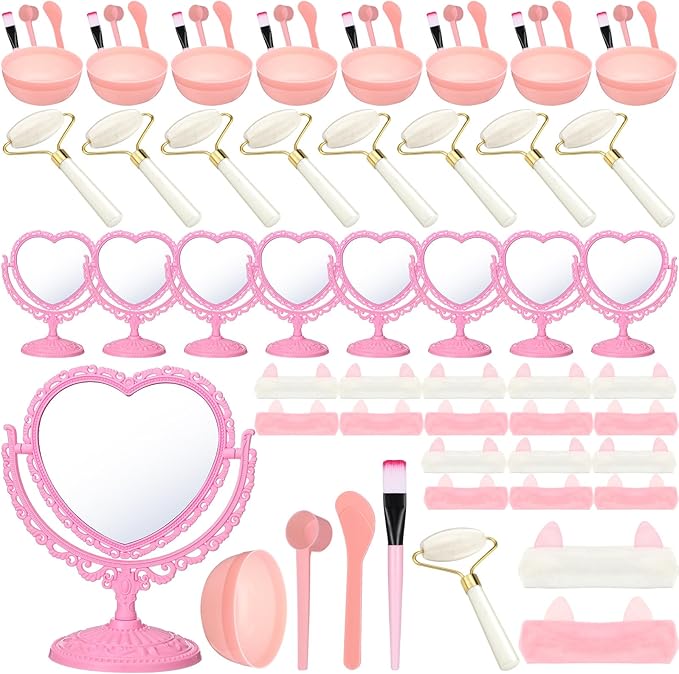8 Set Spa Party Supplies for Girls Including 8 Heart Shaped Stand Mirrors 8 Jade Roller for Face 8 Face Brushes Kit 8 Face Mask Mixing Bowl 8 Headband for Sleepover Birthday Party Favors-VivaGrace Women
