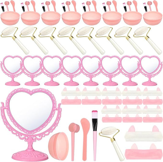 8 Set Spa Party Supplies for Girls Including 8 Heart Shaped Stand Mirrors 8 Jade Roller for Face 8 Face Brushes Kit 8 Face Mask Mixing Bowl 8 Headband for Sleepover Birthday Party Favors-VivaGrace Women