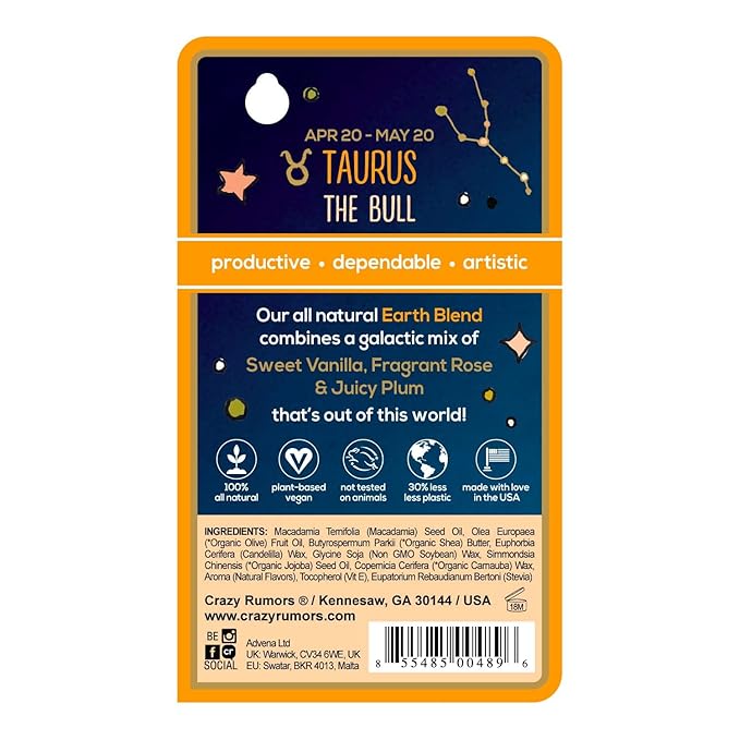 Crazy Rumors Taurus Zodiac All Natural, Plant Based Lip Balm to Moisturize and Nourish your Lips - Earth Blend (Sweet Vanilla, Fragrant Rose and Plum)-VivaGrace Women