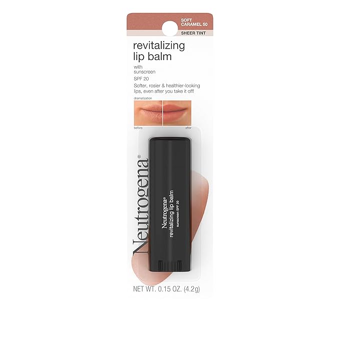 Neutrogena Revitalizing and Moisturizing Tinted Lip Balm with Sun Protective Broad Spectrum SPF 20 Sunscreen, Lip Soothing Balm with a Sheer Tint in Color Soft Caramel 50,.15 oz-VivaGrace Women