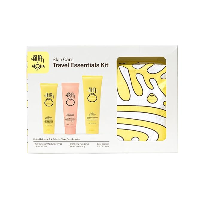 Sun Bum Skin Care Travel Essentials Kit | Cleanse, Brighten, Moisturize, Protect with Daily Cleanser, Brightening Face Scrub, and Daily Sunscreen Moisturizer | Includes Aloha Collection Travel Pouch-VivaGrace Women