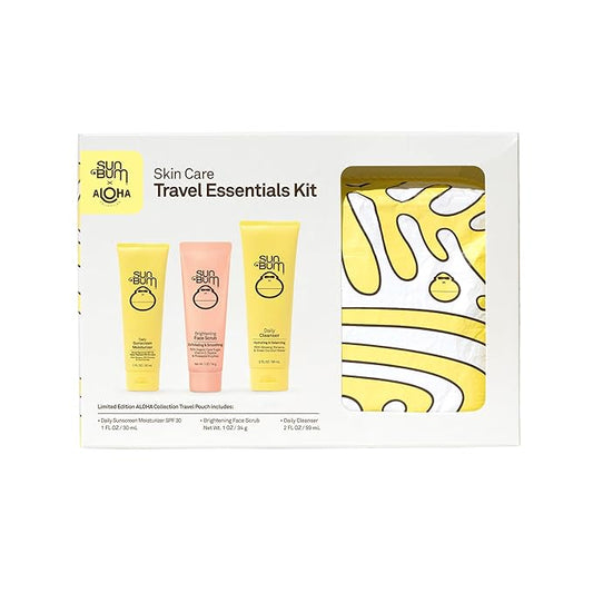 Sun Bum Skin Care Travel Essentials Kit | Cleanse, Brighten, Moisturize, Protect with Daily Cleanser, Brightening Face Scrub, and Daily Sunscreen Moisturizer | Includes Aloha Collection Travel Pouch-VivaGrace Women